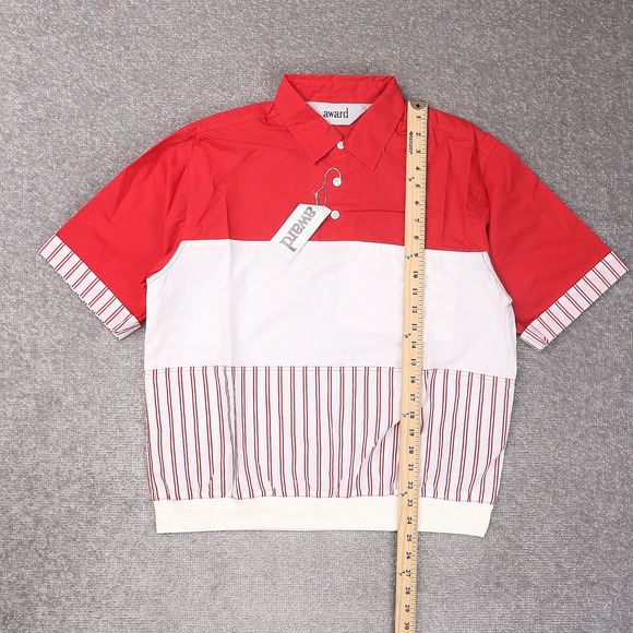 VTG 80s 90s Award Deadstock Medium Red White Striped Short Sleeve Collared Shirt - Picture 3 of 9
